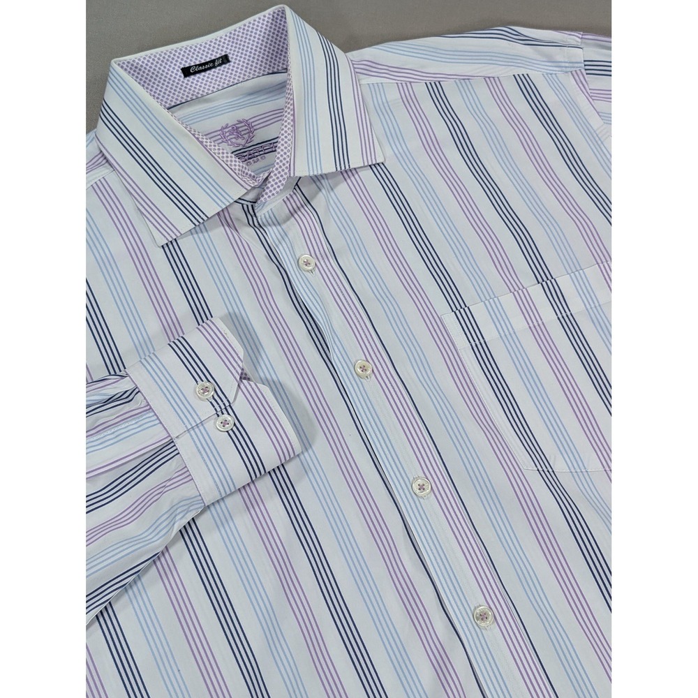 Bugatchi Shirt Men's XXL Purple Blue Lilac Stripe Button Down Cotton Designer